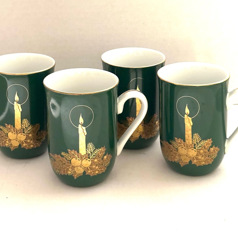 Otagiri Green and Gold Candle Design Holiday Mug Set of 4 Vintage